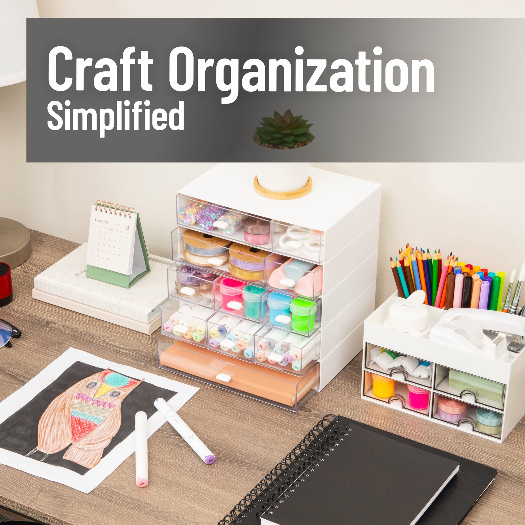 Mind Reader Stackable Craft Organizer with Drawers, Modular Storage Tower, Interlocking Design for Art Supplies, Plastic, Set of 5, White