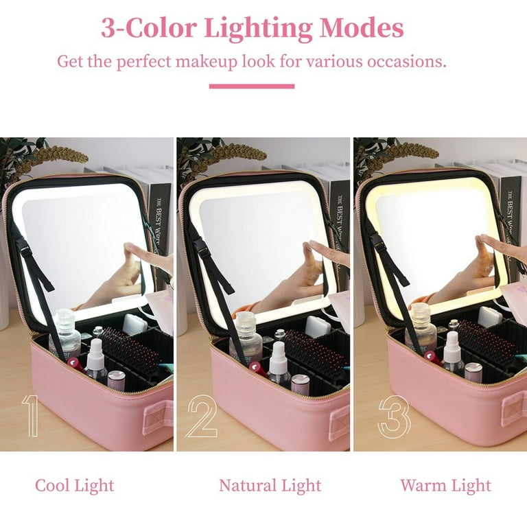 Makeup Bag with Mirror and 3 Color LED Light, Travel Cosmetic Train Case  Organizer with Adjustable Dividers Makeup Storage Waterproof Portable  Makeup