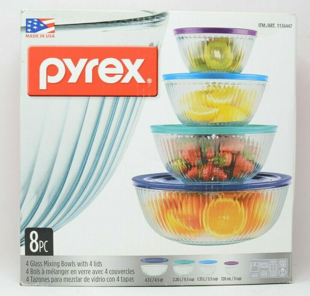4 pyrex glass mixing bowls with lids 