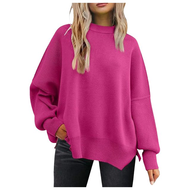 Women's Oversized Batwing Sweater 2024 Fall Ribbed Knit Crewneck Long Sleeve Pullover Tops with Side Slit Comfortable Casual Wear