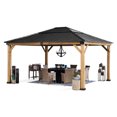 thumbnail image 2 of SUNJOY Hardtop Gazebo 13 x 15 ft. Standard Cedar Framed Wood Gazebos with Black Steel and Polycarbonate Hip Roof Hardtop for Garden, Backyard Shade, Black Roof + Natural Wood Frame, 2 of 17