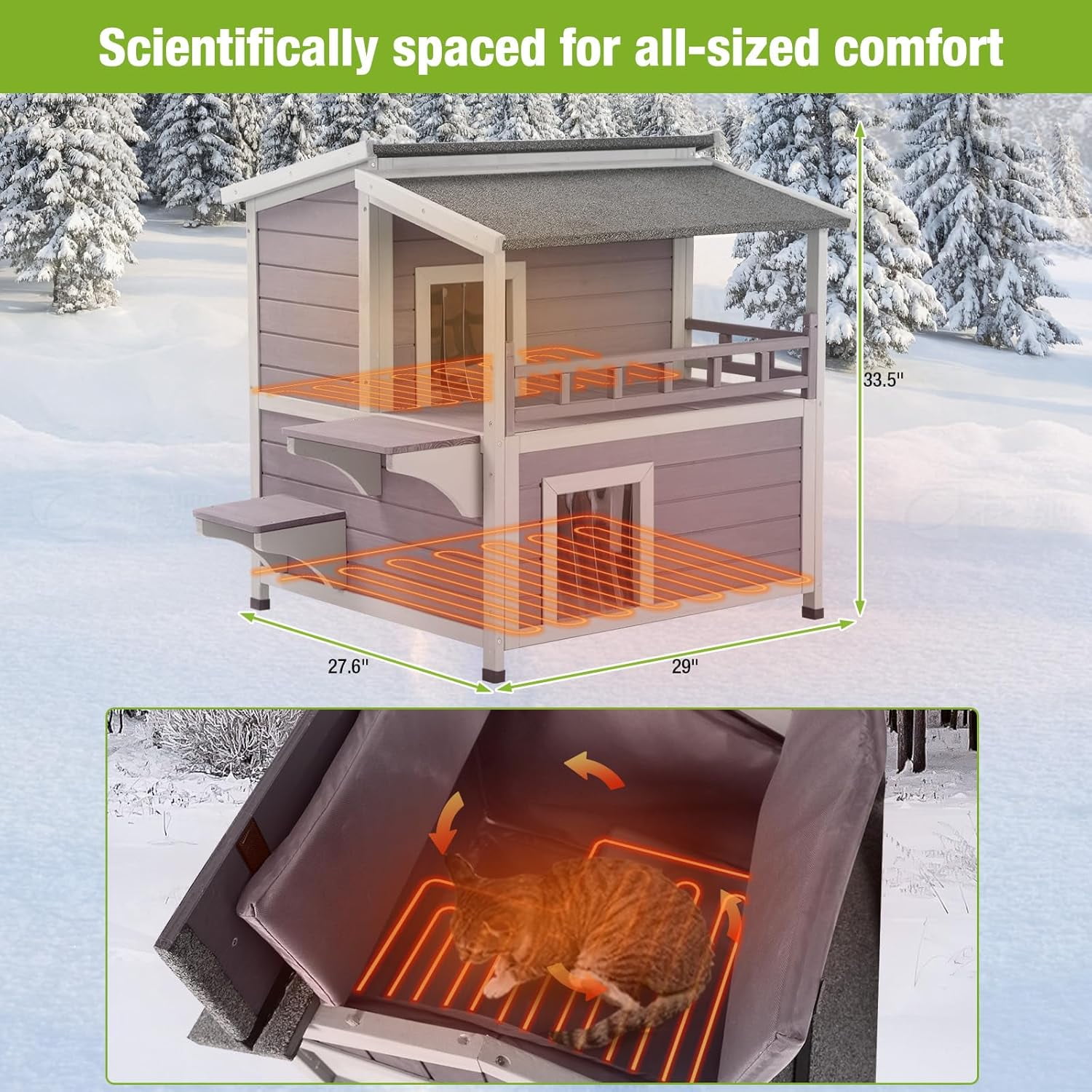 MEDEHOO Heated Cat House for Outside, 2-Story Wooden Cat House Weatherproof for Winter Outdoor Feral Cat Shelter with Heater and Insulated Liner