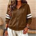 thumbnail image 2 of Women's Zip Up Hoodie Jacket Striped Sleeve Long Sleeve Casual Loose Fit Sweatshirt Coat Y2K Streetwear Spring Fall Outwear with Pocket Coffee, 2 of 7