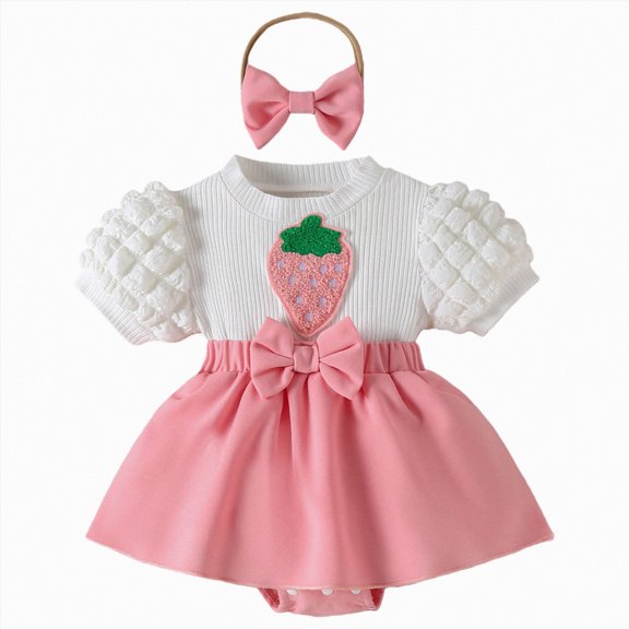 Xyant Newborn Baby Girl Clothes Strawberry Ribbed Short Sleeve Romper Dress with Headband Summer Coming Home Outfit Set 3-6 Months,Pink