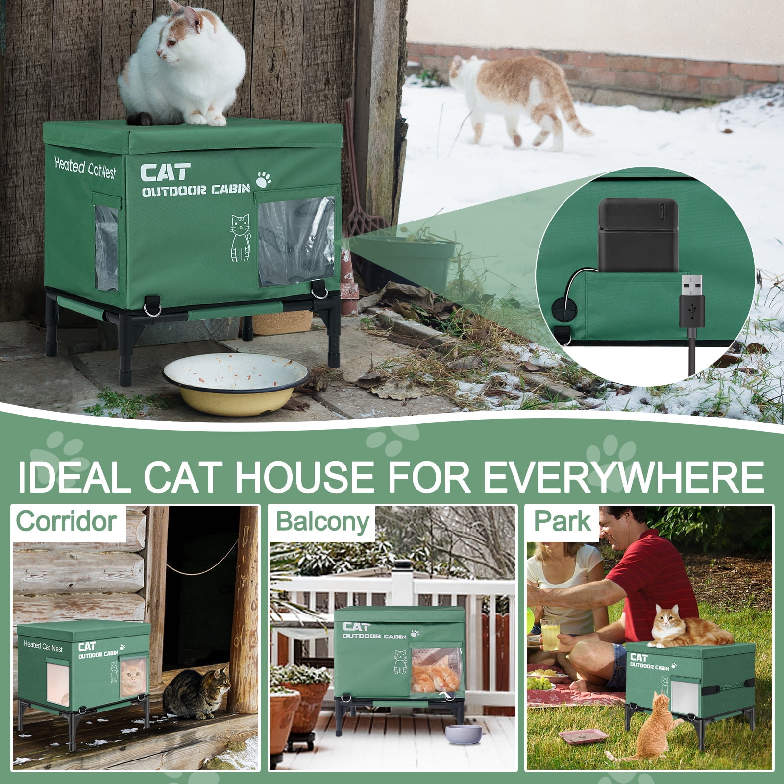 Heated Cat House for Outside in Winter, Outdoor Cat House Weatherproof with Heating Pad, Insulated Feral Cat Shelter for Outdoor Barn Strays, Highly Elevated Base & Safe Escape Door, 16 x 12 x 17 in