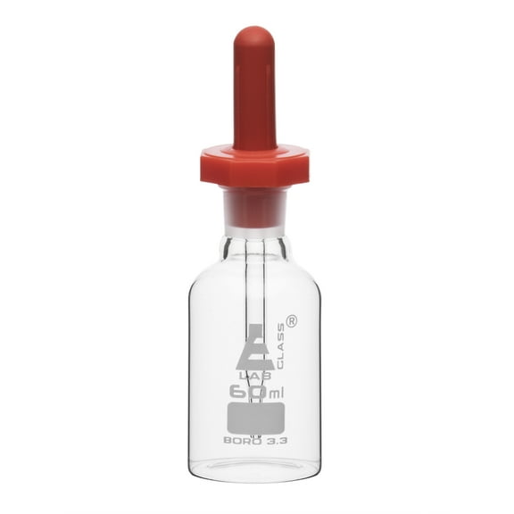 Dropping Bottle, 60ml (2oz) - Borosilicate 3.3 Glass - Eye Dropper Pipette and Dust Proof Rubber Bulb - Octagonal, Non-screw Top - Eisco Labs