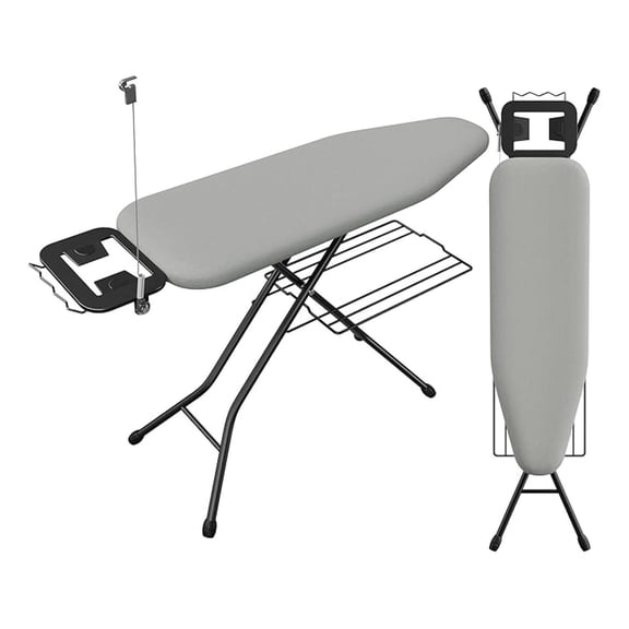 RONG-3 Ironing Board, Compact Iron Board with Cord Holder, Steam Iron Rest and Bottom Storage Tray, 9 Adjustable Heights & 3 Layer Cover, Folding Heavy Duty Ironing Board 52X14, Gray