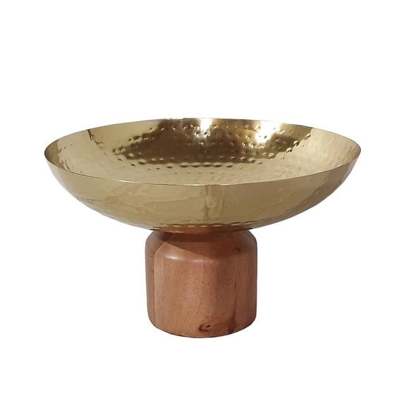 Large Acacia Wood Bowl - Decorative Table Bowl, Steel Accent, Gold Brown Finish, 12 Inch
