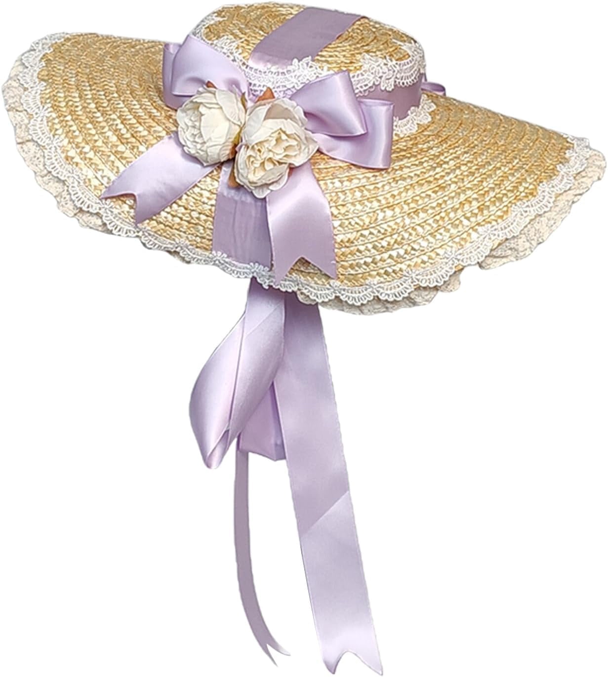 Kukuzhu Women Victorian Tea Party Sun Hat, Lolita Bows Flower Ribbon Flat Straw Hat Summer Beach Bonnet Cap for Travel