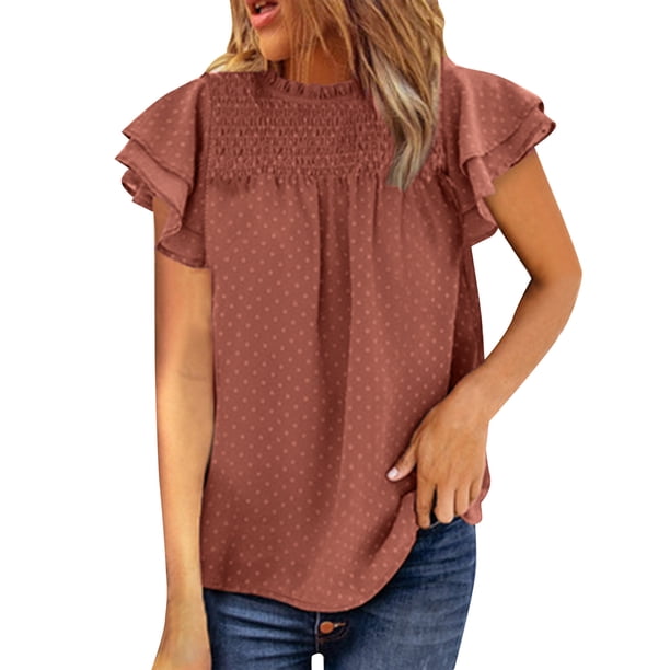 Gibobby Blusa Casual de Mujer Camiseta informal manga corta con cuello redondo y manga abullonada para mujer(Vino,G)