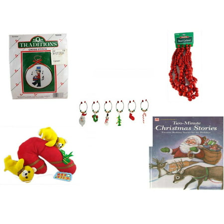 Christmas Fun Gift Bundle [5 Piece] - Traditions Soldier Cross Stitch -  Time Red Bead Garland 9' Foot - LSArts Wine Glass Charms  Set of 6 - Merry  Candycane With Animals  12