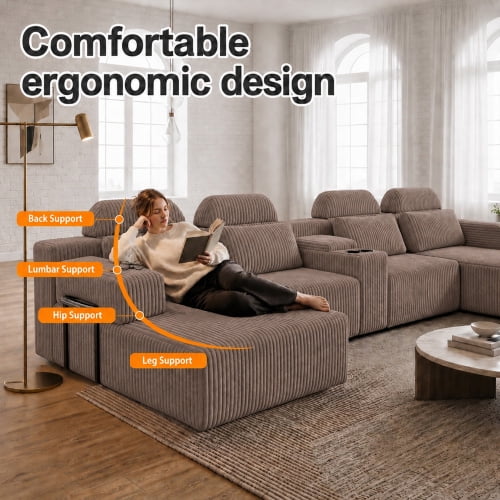 145.7 Inch Oversized U-Shaped Modular Sectional Sofa with Lounge Chaise, Cup Holders & Hidden Storage - Compression Sofa for Home Theater & Luxury Living Room, Coffee