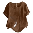 thumbnail image 1 of Birdeem Womens Short Sleeved Casual Plus Size Round Neck Feather Printed Loose Button Cotton Linen Top, 1 of 1