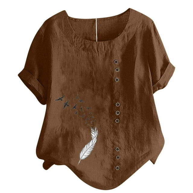 Birdeem Womens Short Sleeved Casual Plus Size Round Neck Feather Printed Loose Button Cotton Linen Top