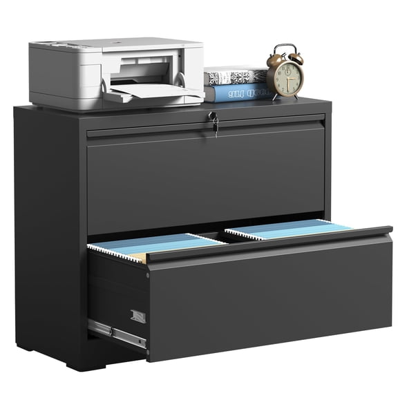 Glyxxen 2 Drawer Lateral File Cabinet with Lock, Metal Filing Cabinet for Letter/Legal/F4/A4 Size, Anti-Tipping Steel Storage Cabinet for Home Office, Black