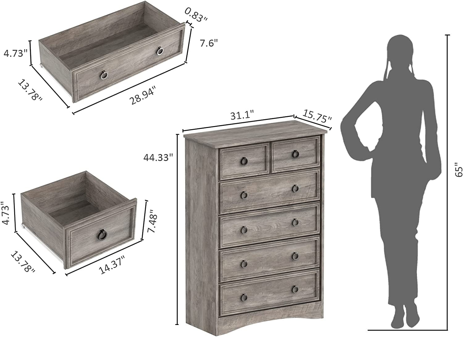 6 Drawer Dresser for Bedroom, Chest of Drawers Wood Storage Cabinet for Living Room,Gray