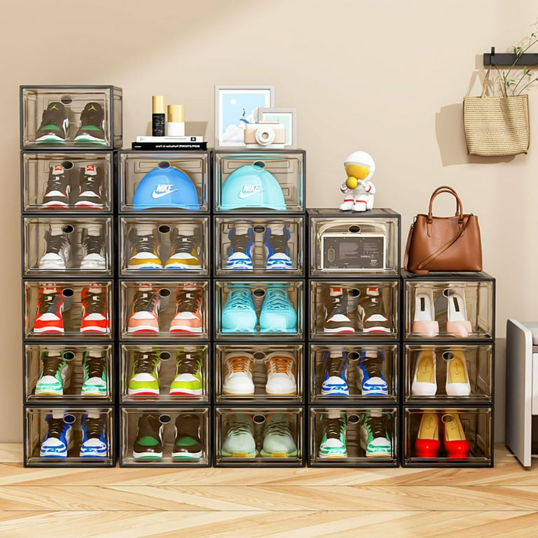 OKENTEN Sturdy Black Stackable Shoe Storage Boxes with Magnetic