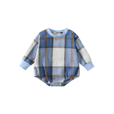

Canrulo Newborn Baby Girl Boy Plaid Flannel Romper Sweatshirt Oversized Long Sleeve Crewneck Bodysuit Fall Spring Outfits Blue 6-12 Months