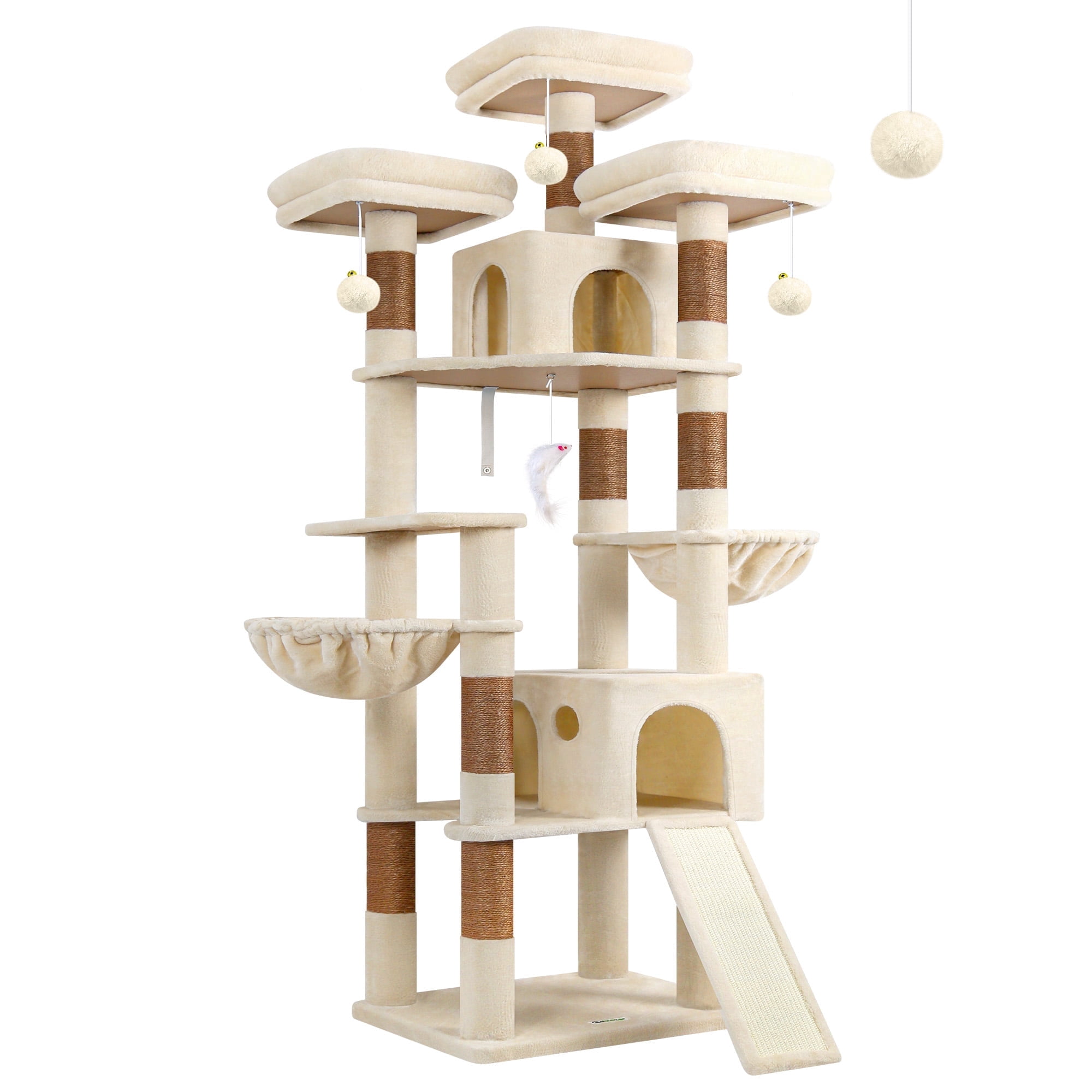 Globlazer 83'' Multi-Level Large Cat Tree Tower for Indoor Cats with Sisal Scratching Post, Hammock & 2 Condos, Beige