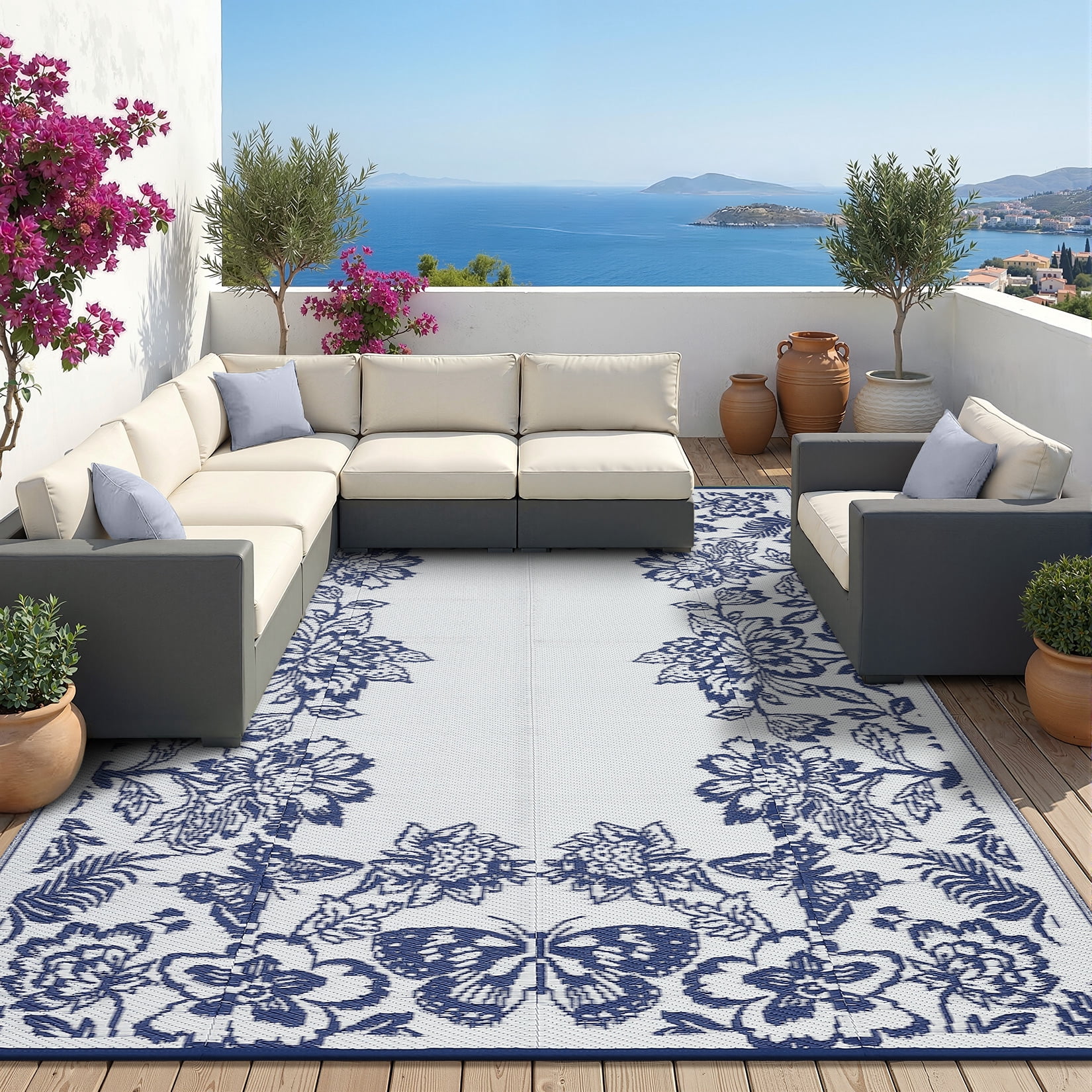 HIWEAVER Navy/White 9'x 12' Outdoor Rug PP Plastic Straw Woven Waterproof Patio Rug with Floral Border Portable Outside Carpet for Balcony Deck Picnic Garden Decor