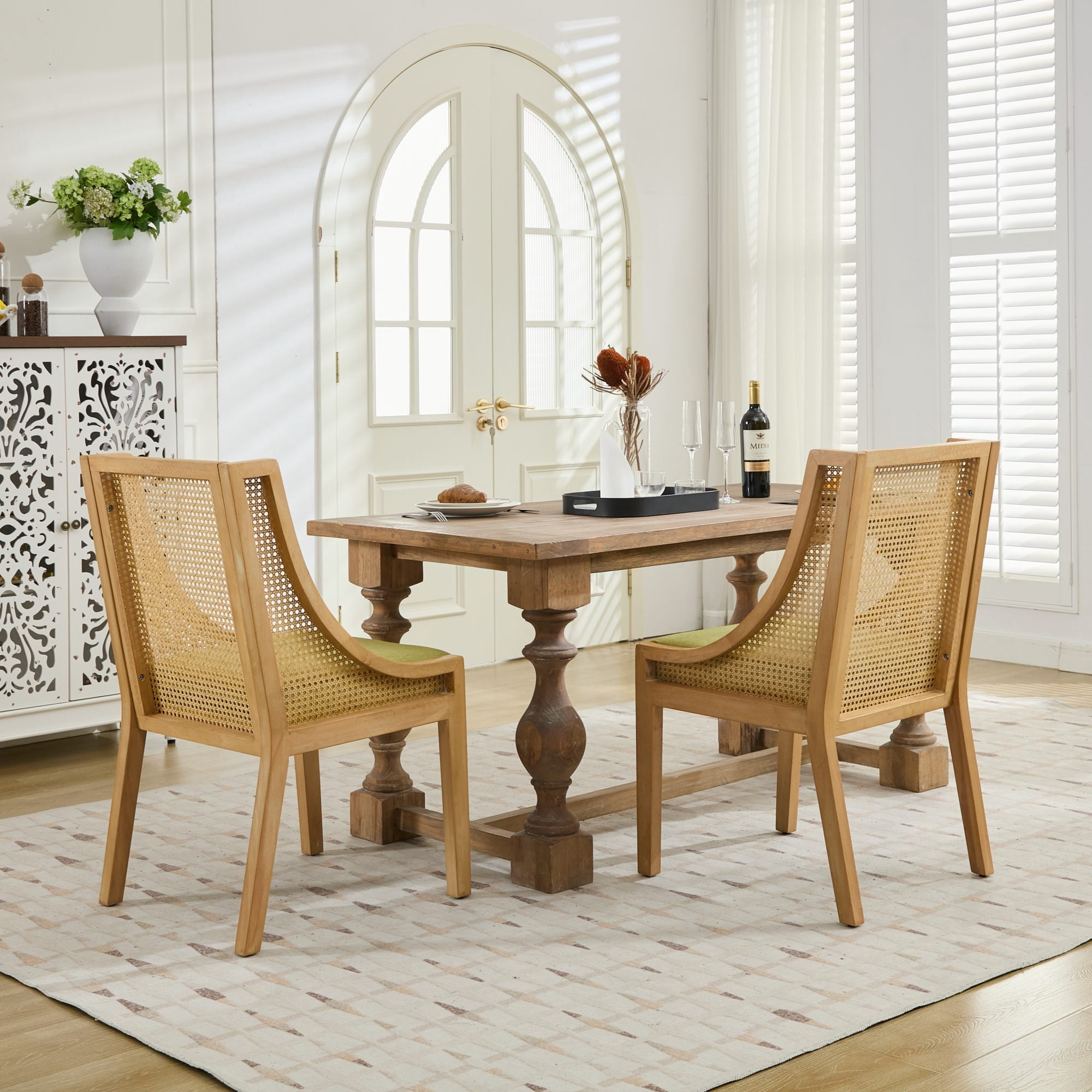 MAYEERTY Rattan Dining Chair - Solid Wood Frame, Decorative Armrests, Linen Seat, Rustic Style, Natural Finish, Olive Green, Single Pack