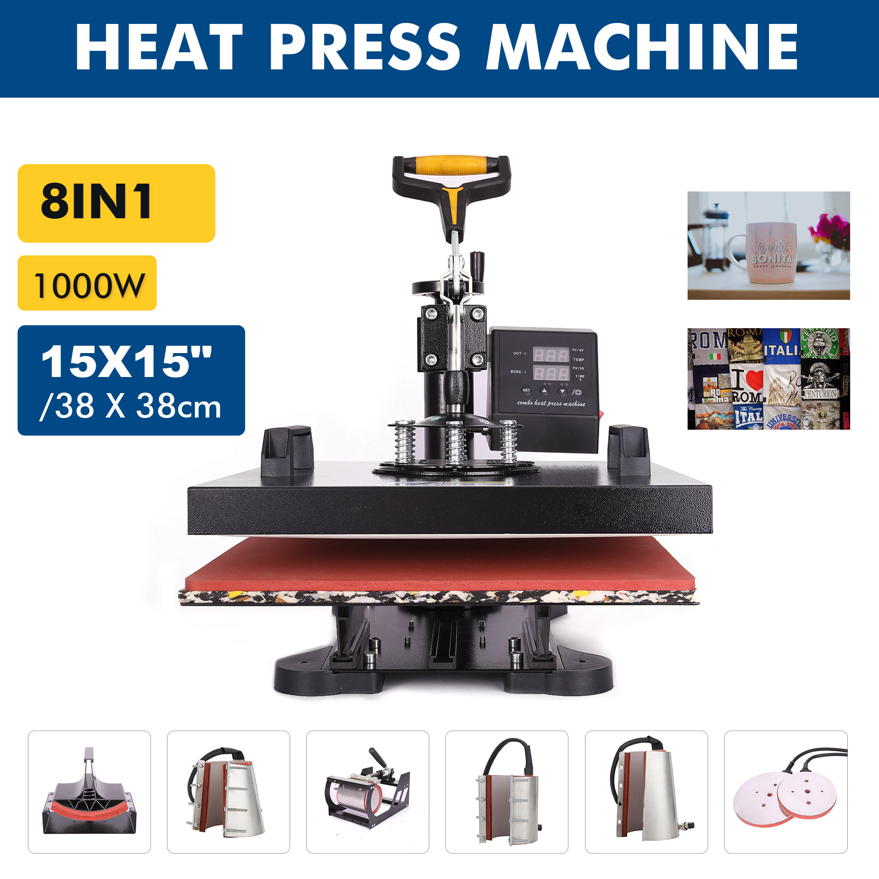 8 in 1 15" X 15" Heat Press 360 Degree Swivel Heat Press Machine
