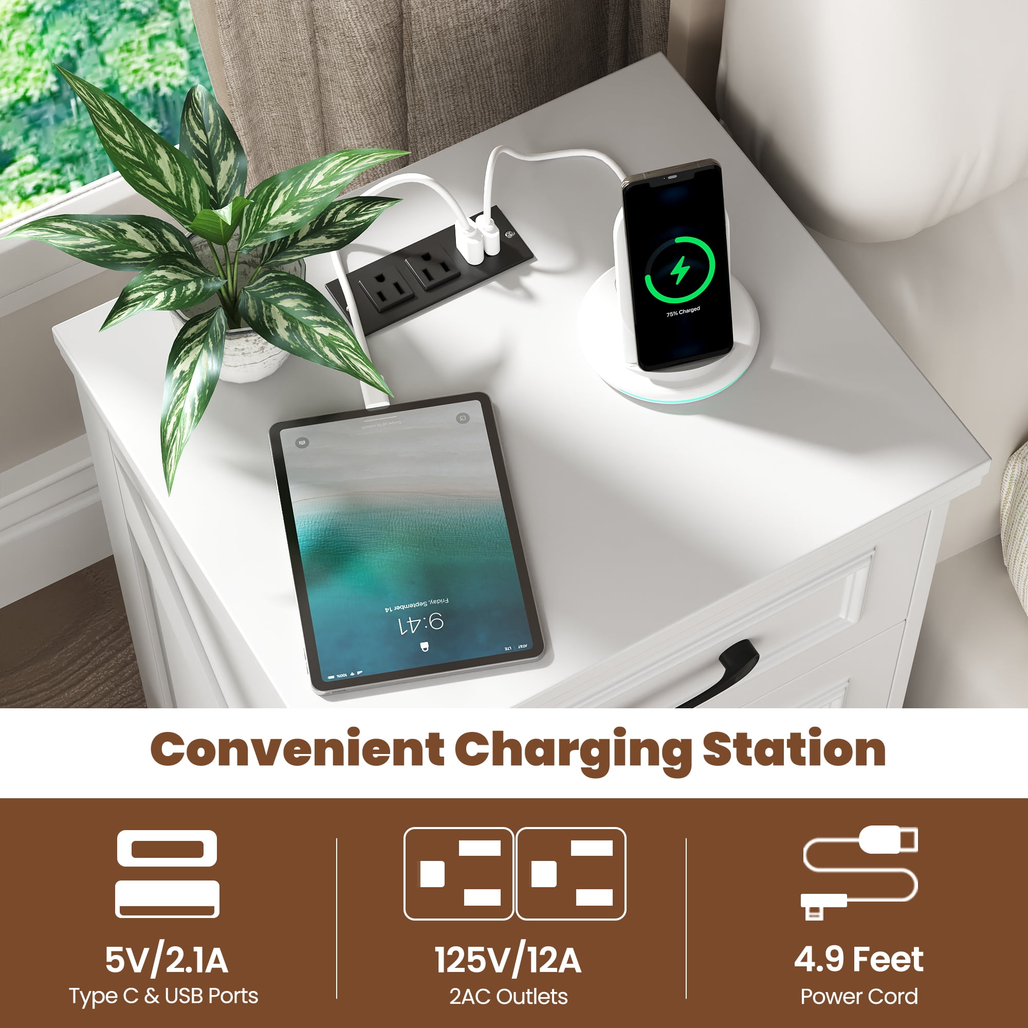 Nightstand, Farmhouse End Table with Charging Station, 3 Drawers Storage for Bedroom
