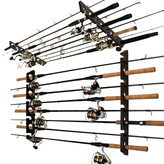 Rush Creek Creations Fishing Rod Ceiling Horizontal Rack with Fishing Reels, Gear, and Accessories 8 Rod Capacity