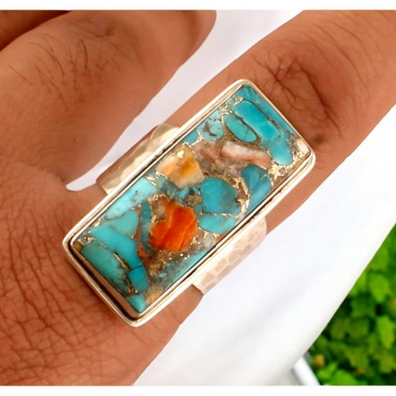 Turquoise Oyster Copper Ring, 925 Sterling Silver Ring, Gemstone Ring, Rectangular Bar Ring, Handmade Ring, Unisex Ring, Band Ring, Gift Her