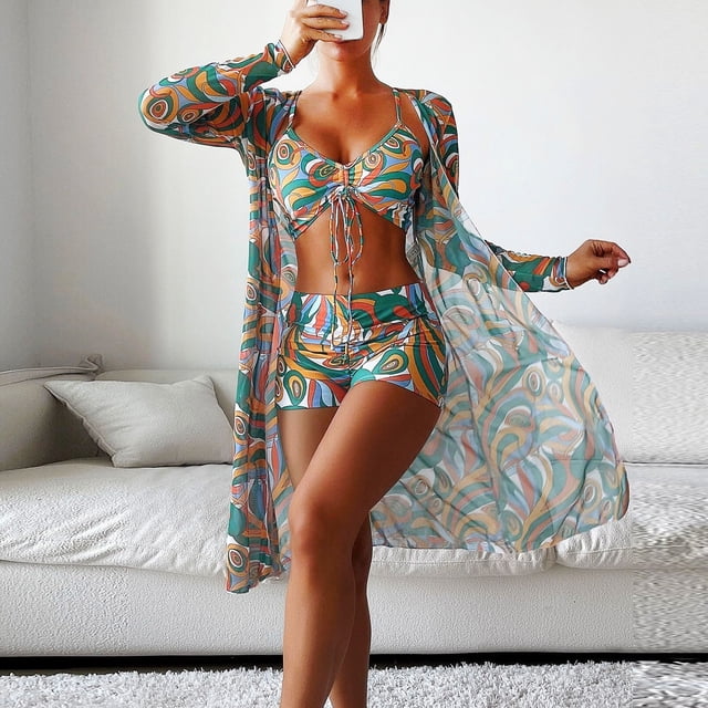 Women's 3-Piece Bikini Set with Long Sleeve Cover Up S-XL