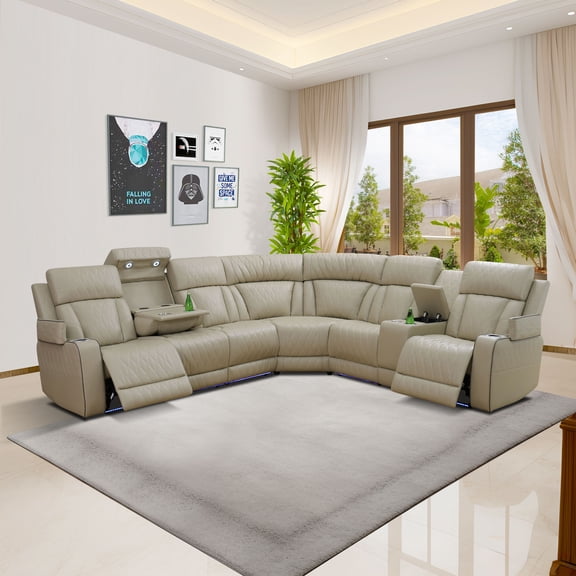MAYEERTY 6-Seater Recliner Sofa Set, Intelligent Breathable Recliner with Wireless Charger, LED & Reversible Table, for Living Room, Home Theater