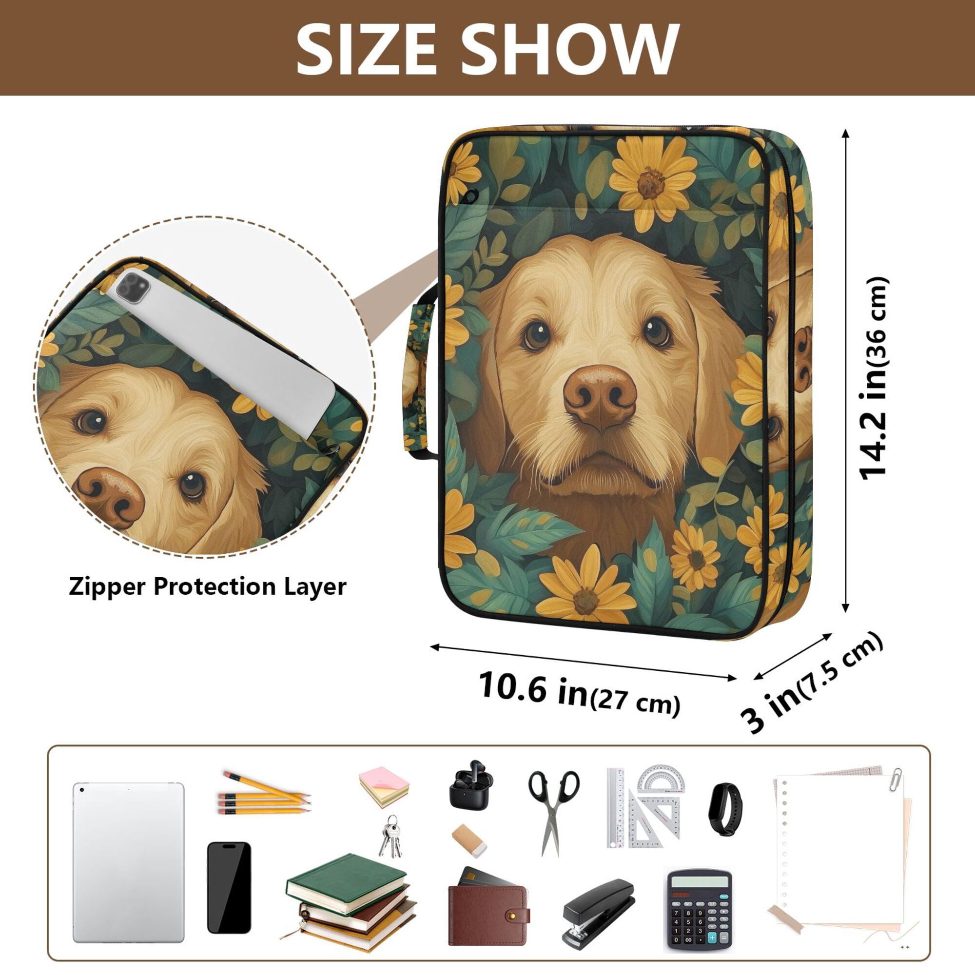 FORMRS Accordion File Folder A4 Size 7-Pocket Expanding Document Organizer Bag with 3 Ring Binder, Flowers and Dog