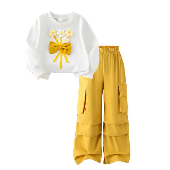 REDARER Girls 2-Piece Sweatshirt & Trousers Set - Soft Twill Long Sleeve Pullover with Layered Pants, Bow Print Casual Playwear for Fall,6-7 Years