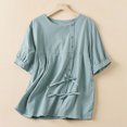 thumbnail image 2 of Olyvenn Women's Cotton Linen Peplum Tunic Shirts Puff Short Sleeve Babydoll Tops Casual Lace Up Button Down Blouse for Women Blue 8, 2 of 9