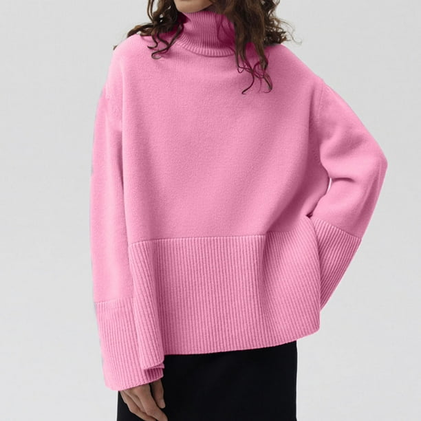 Suéter de cuello alto para mujer, otoño invierno, color sólido, tejido dividido, cuello alto, suelto, manga larga, poliéster