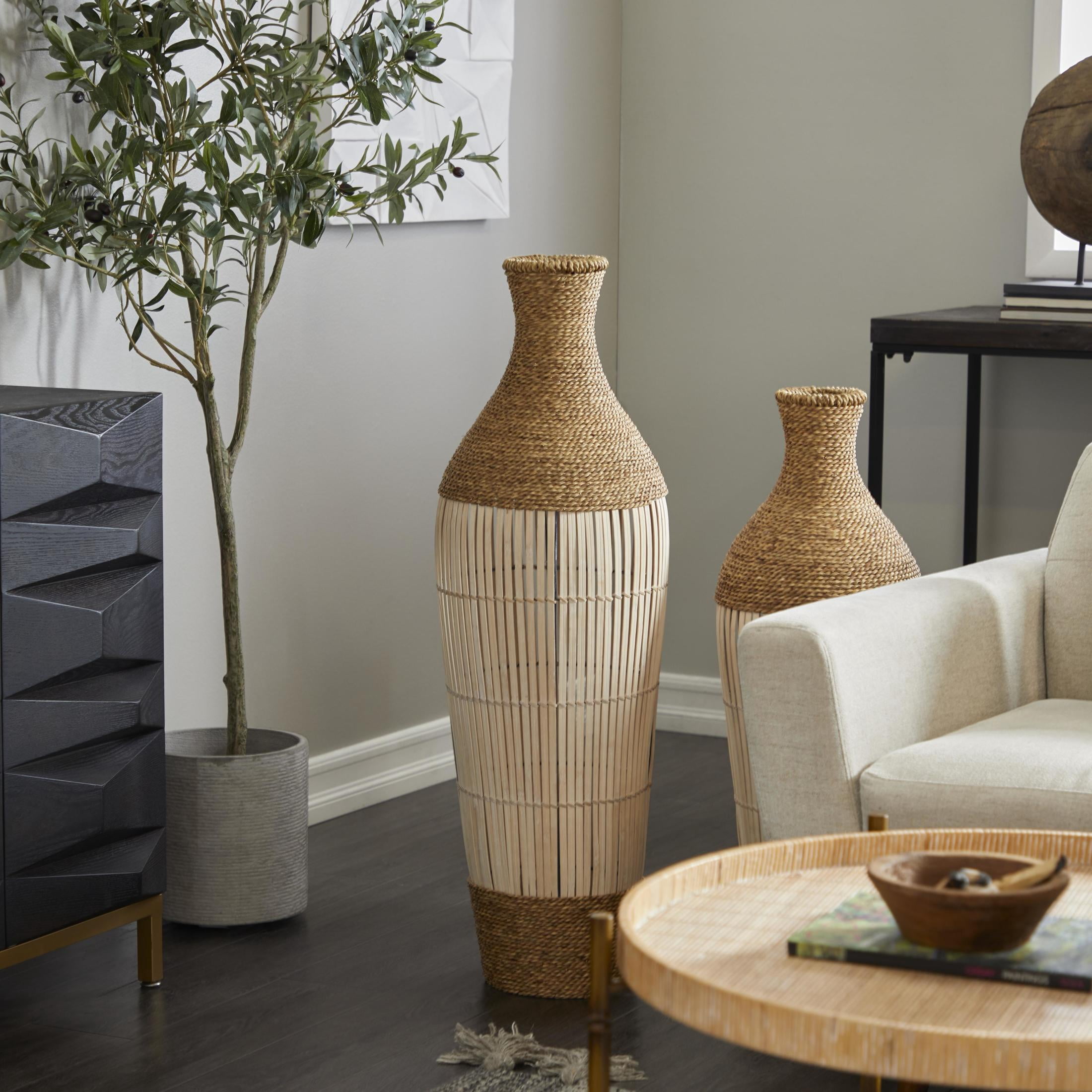 DecMode 40" Handmade Wrapped Tall Floor Brown Seagrass Vase with Cream Slatted Bamboo Center