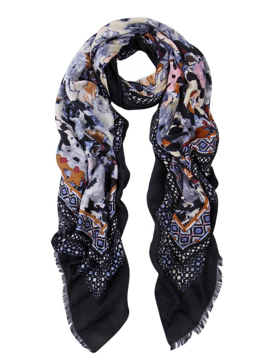 TrendsBlue Love Heart & Happiness Print Frayed End Scarf Wrap – Women's, Mixed Colors, 50% Viscose 50% Polyester