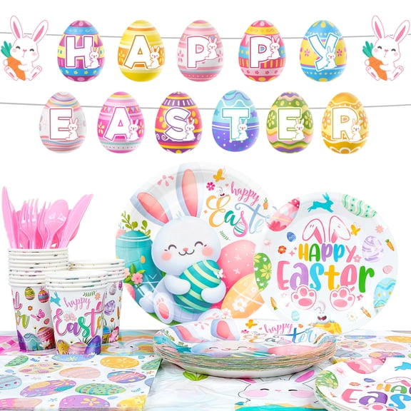 Easter Party Supplies Tableware, Serves 20 Easter Tableware Set Includes Easter Plates and Napkins Tablecloth & Happy Easter Banner etc Bunny Birthday Decorations Supplies for Kids