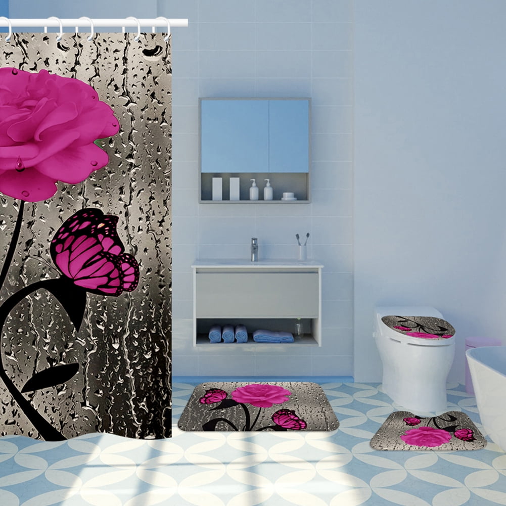 4 Pcs Bathroom Shower Curtain Set Pink Rose Shower Curtain Bathroom Sets Valentine's Day Shower Curtain Sets with Rugs(Bath Mat,U Shape and Toilet Lid Cover Mat) and 12 Hooks