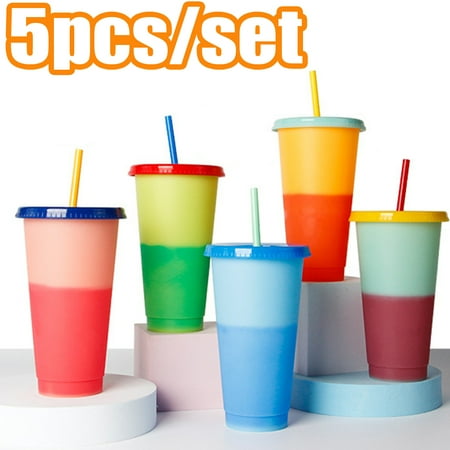 

Beechoice 5Pcs/Set Color Changing Cups Blank Cups Reusable Tumbler with Lids and Straws BPA Free Reusable Plastic Cold Drink Cups with Lids and Straws Smoothie Cups Party Cups