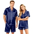 thumbnail image 2 of VV AVEORS Satin Matching Pajamas Sets Couple Silk Button Down Nightwear Women & Men Short Sleeve Sleepwear 2 Pieces Loungewears Royal Blue L, 2 of 8