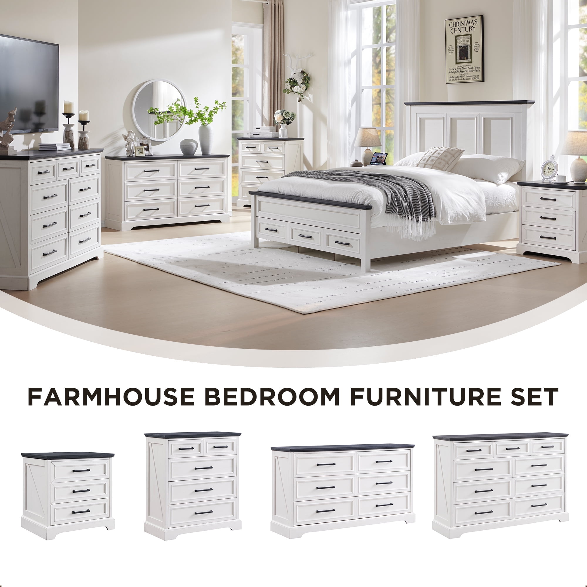ACCOHOHO 3 Drawer Nightstand Set of 2 with Charging Station - Farmhouse End Tables, Rustic Side Tables for Bedroom & Living Room, White