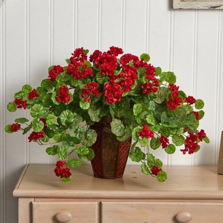 Presque Naturel 6777 Géranium avec Jardinière Décorative, Vert/rouge, 7,5 x 9 x 30 Po