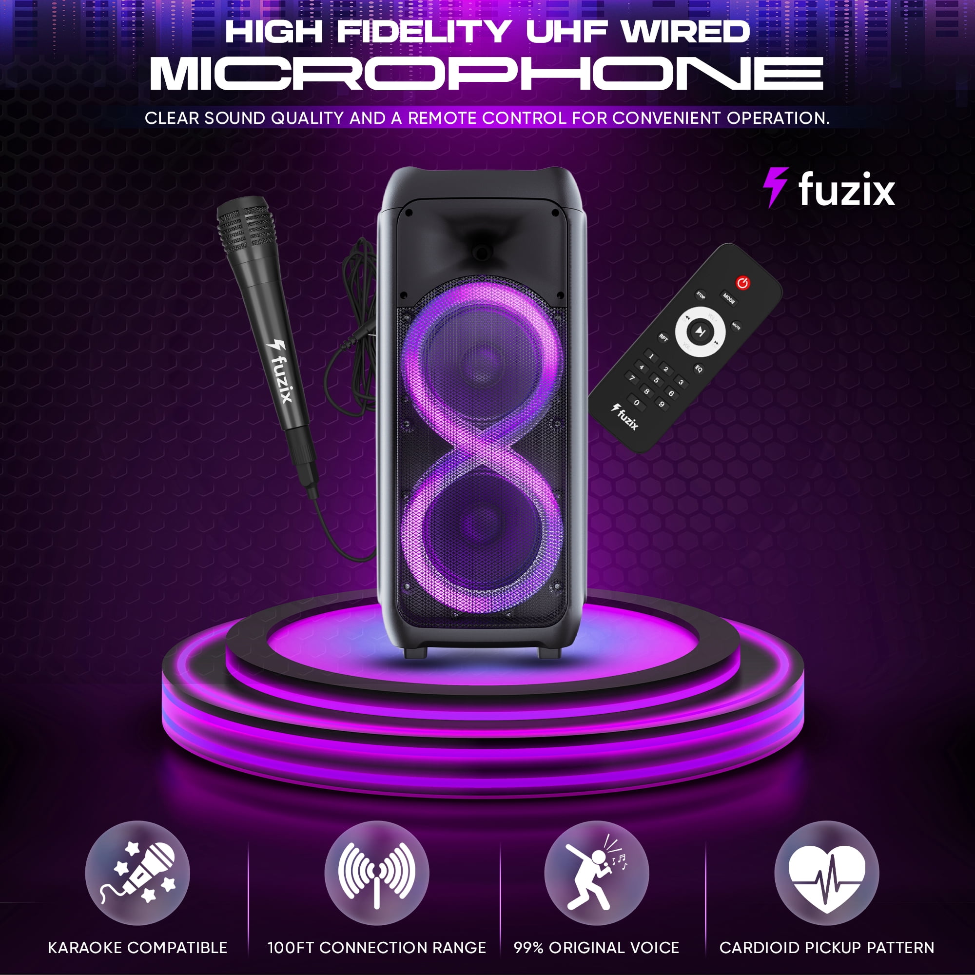 Sync Portable Rechargeable Karaoke Bluetooth Wireless Audio Speaker by Fuzix - With Built-in FM Radio, SD Input, USB Port, LED Lights, Mic and Remote Control Card