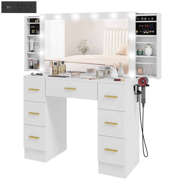 HOMCOM Makeup Vanity Desk, Dressing Table with Mirror and Lights, White