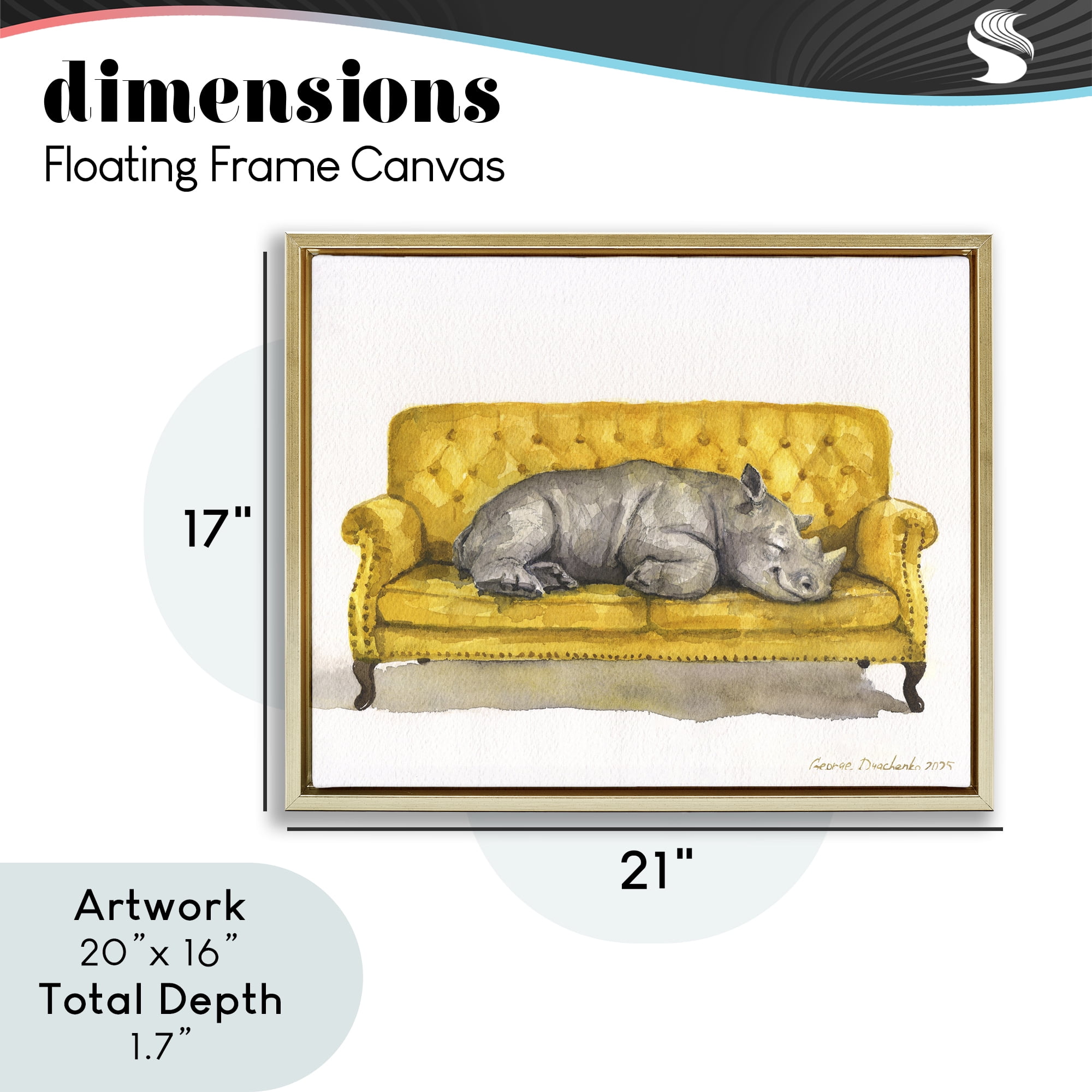 Stupell Industries Cute Rhino Resting Gold Framed Floater Canvas Wall Art, design by George Dyachenko