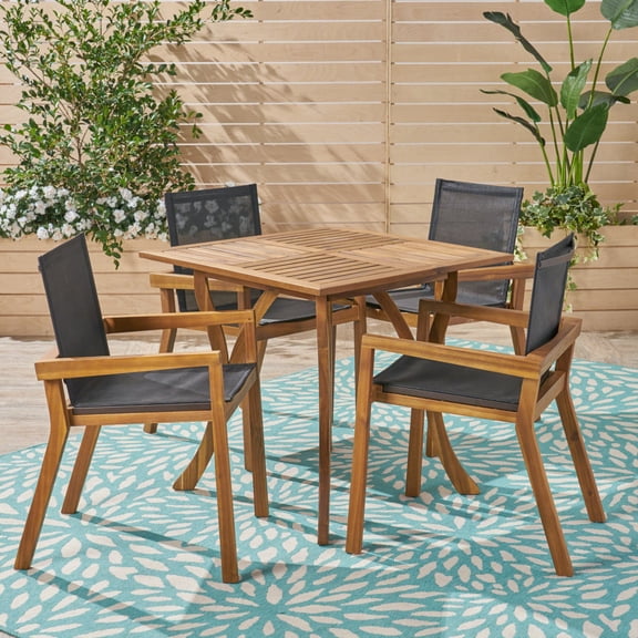GDF Studio Grapewood Outdoor Acacia Wood and Mesh 5 Piece Dining Set, Teak and Black