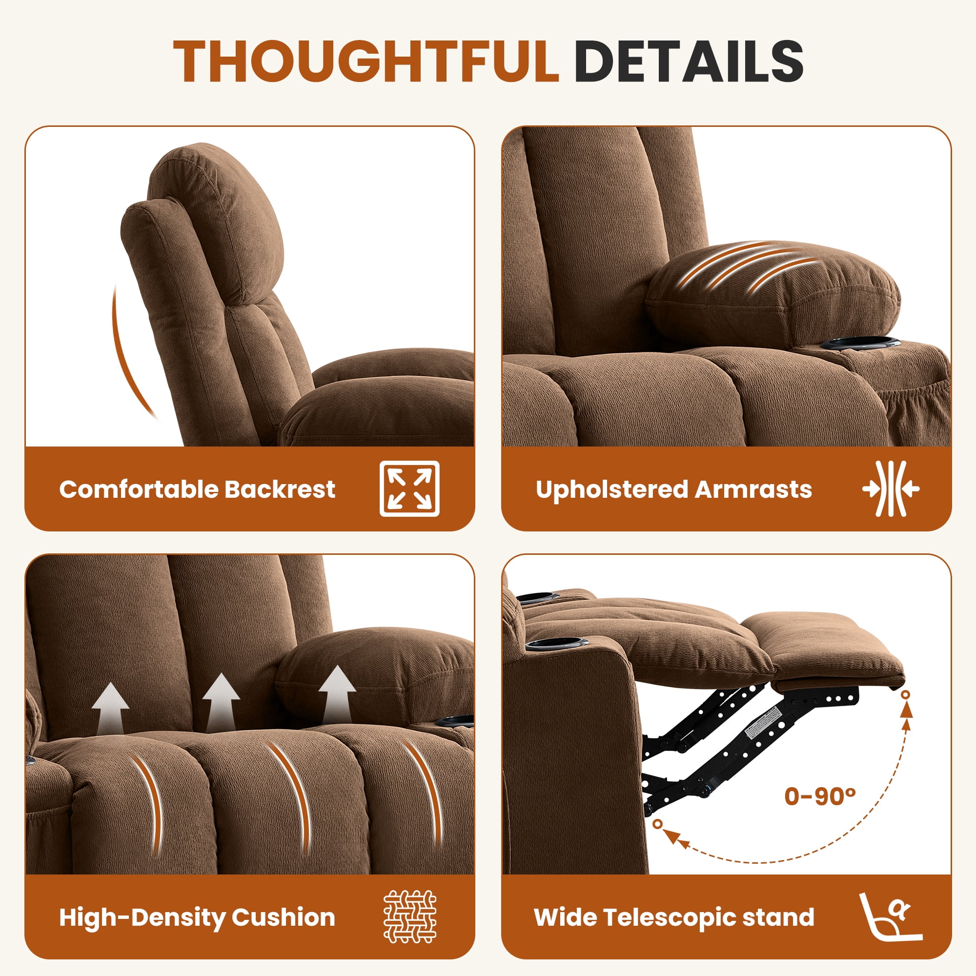 Alvantor Swivel Recliner Chair with Massage & Heat for Adults, Single Rocker Sofa with Cup Holders for Bedroom Home Theater Brown