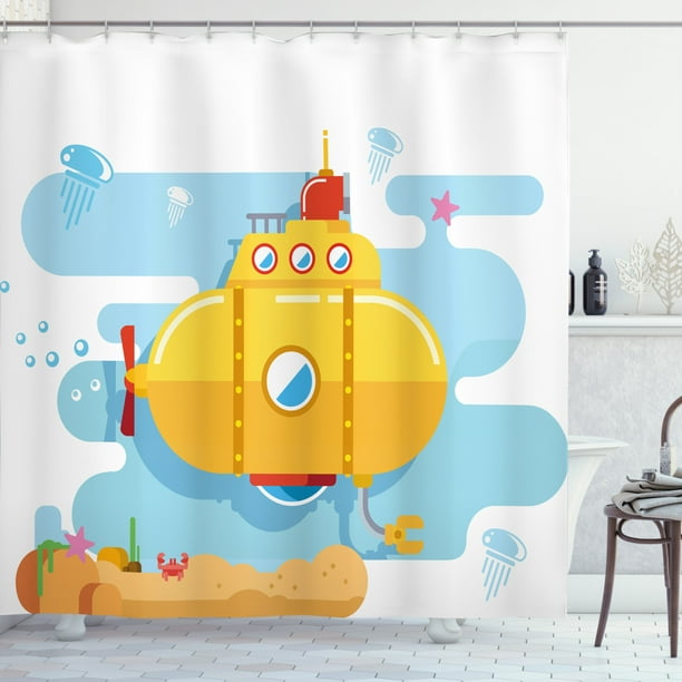 Yellow Submarine Decor Shower Curtain, Submarine Underwater