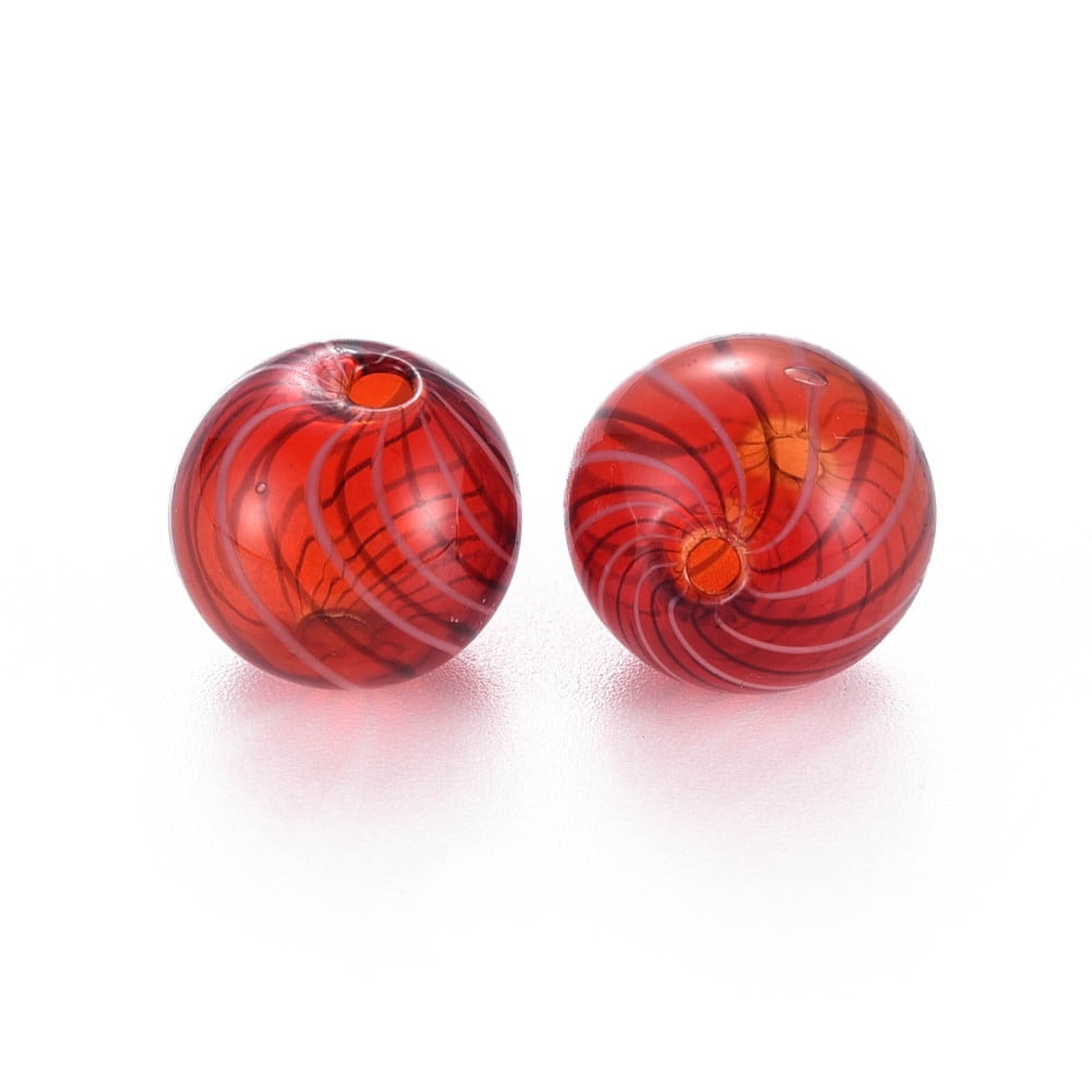 50pc Transparent Handmade Blown Glass Globe Beads Stripe Pattern Round FireBrick 13.5~14.5mm Hole: 1~2mm